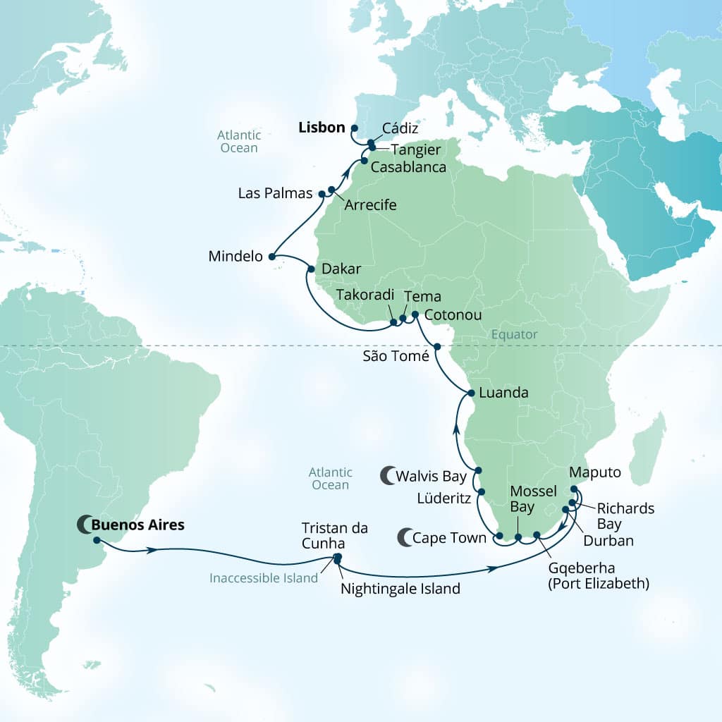 Carte de l’itinéraire Seabourn Quest, Buenos Aires, Argentine → Lisbonne, Portugal