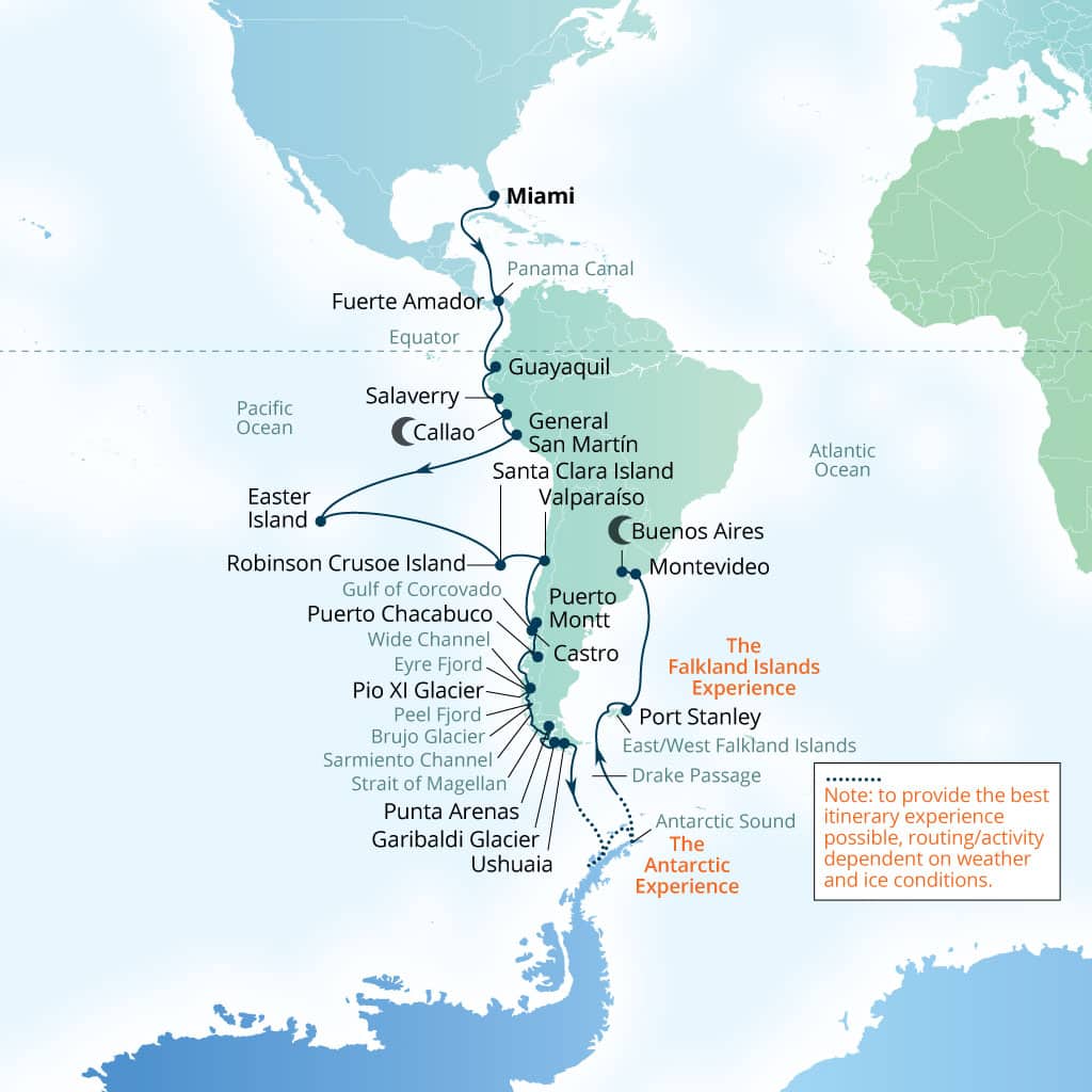 Carte de l’itinéraire Seabourn Quest, Miami, Florida, États-Unis → Buenos Aires, Argentine