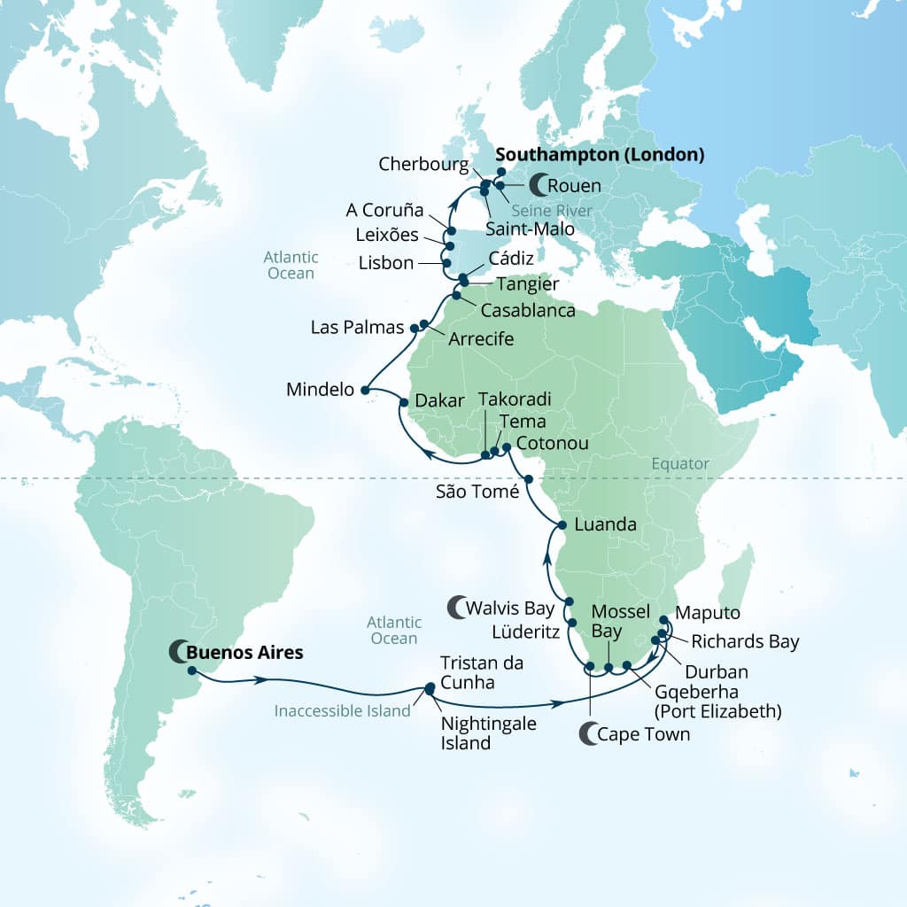 Carte de l’itinéraire Seabourn Quest, Buenos Aires, Argentine → Southampton (Londres), Angleterre