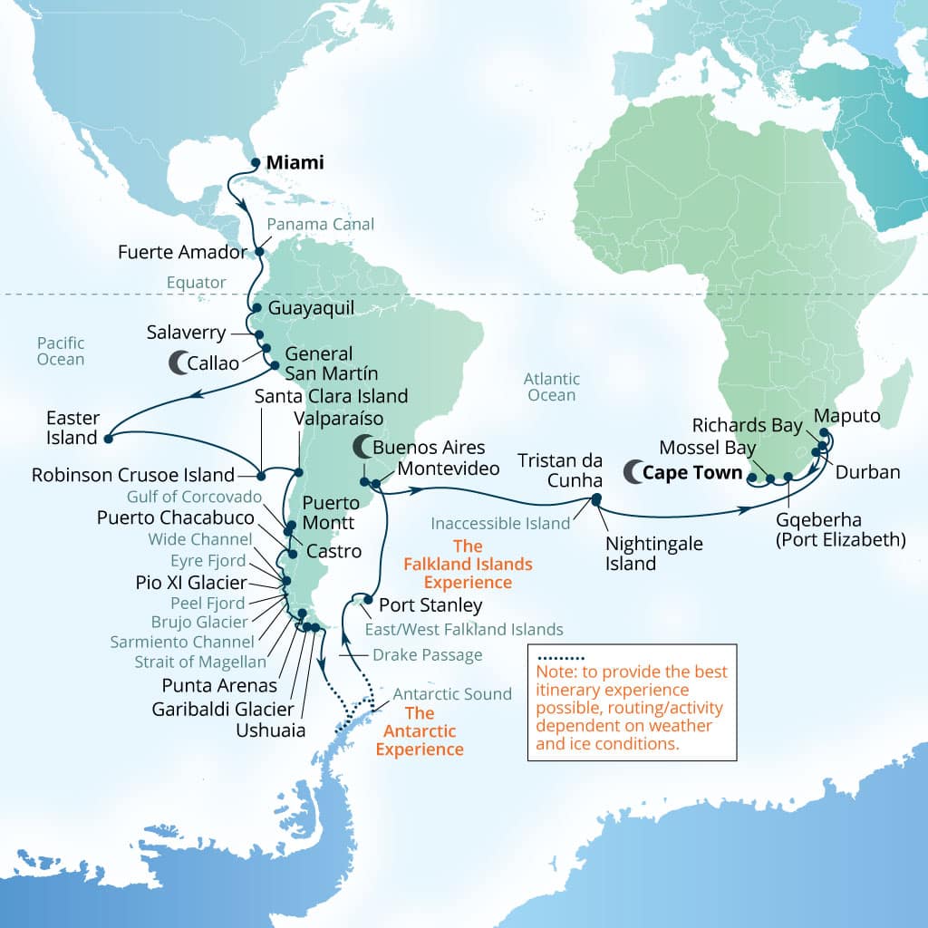 Carte de l’itinéraire Seabourn Quest, Miami, Florida, États-Unis → Le Cap, Afrique du Sud