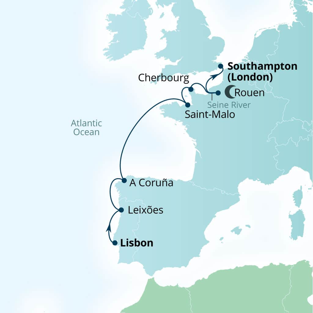 Carte de l’itinéraire Seabourn Quest, Lisbonne, Portugal → Southampton (Londres), Angleterre