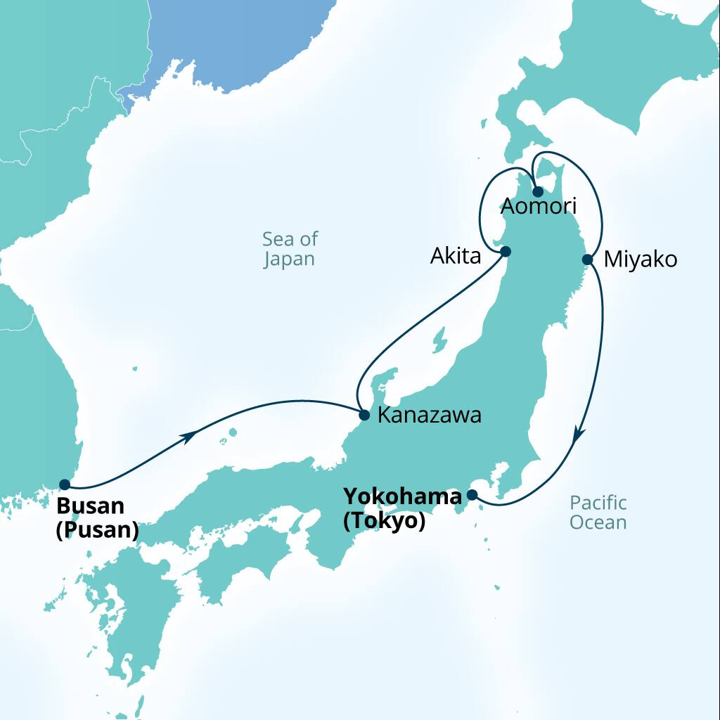 Carte de l’itinéraire Seabourn Sojourn, Busan (Pusan), Corée du Sud → Tokyo, Japon