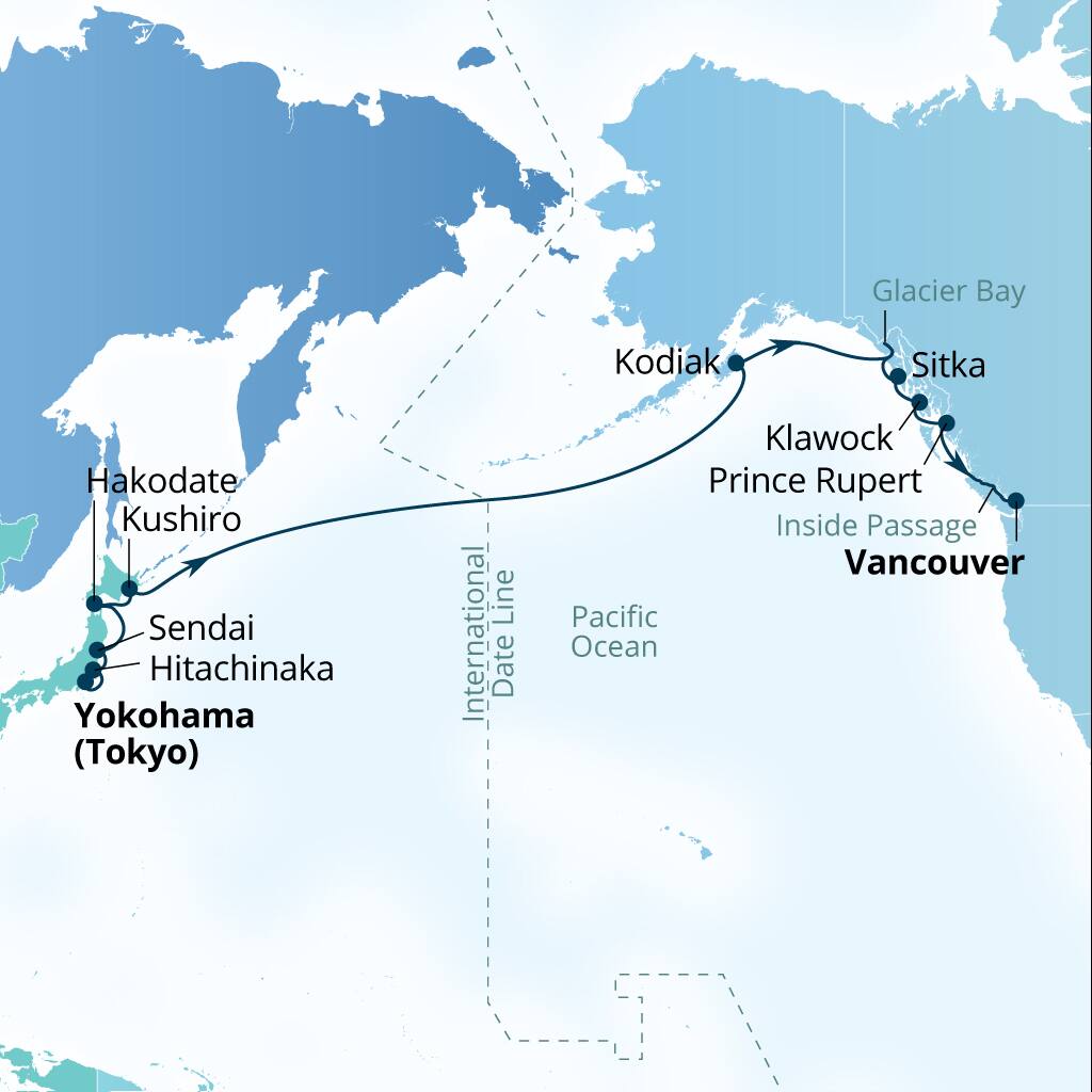 Carte de l’itinéraire Seabourn Sojourn, Tokyo, Japon → Vancouver, B.C., CA