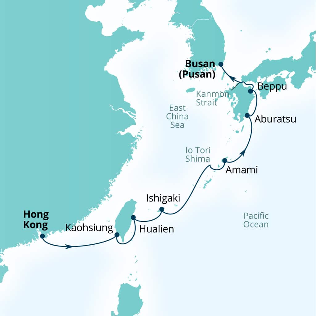 Carte de l’itinéraire Seabourn Sojourn, Hong Kong, Chine → Busan (Pusan), Corée du Sud