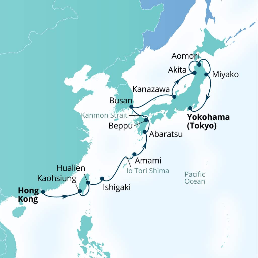 Carte de l’itinéraire Seabourn Sojourn, Hong Kong, Chine → Tokyo, Japon