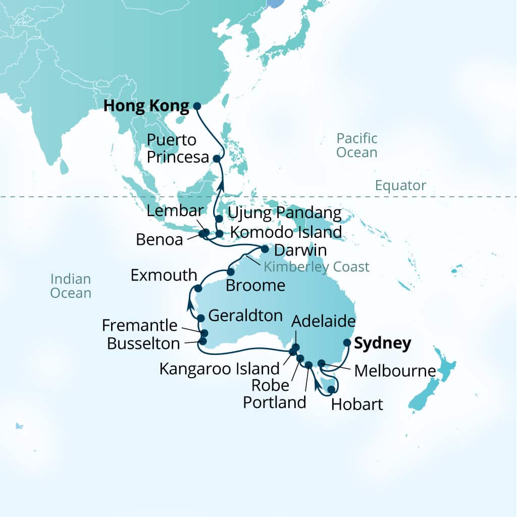 Carte de l’itinéraire Seabourn Sojourn, Sydney, Australie → Hong Kong, Chine