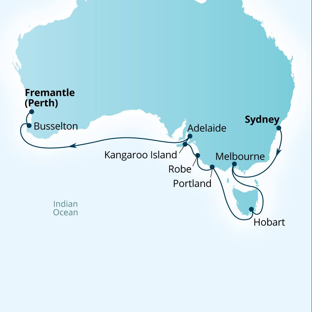 Carte de l’itinéraire Seabourn Sojourn, Sydney, Australie → Fremantle (Perth), Australie