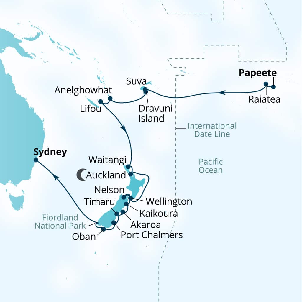 Carte de l’itinéraire Seabourn Sojourn, Papeete, Polynésie française → Sydney, Australie