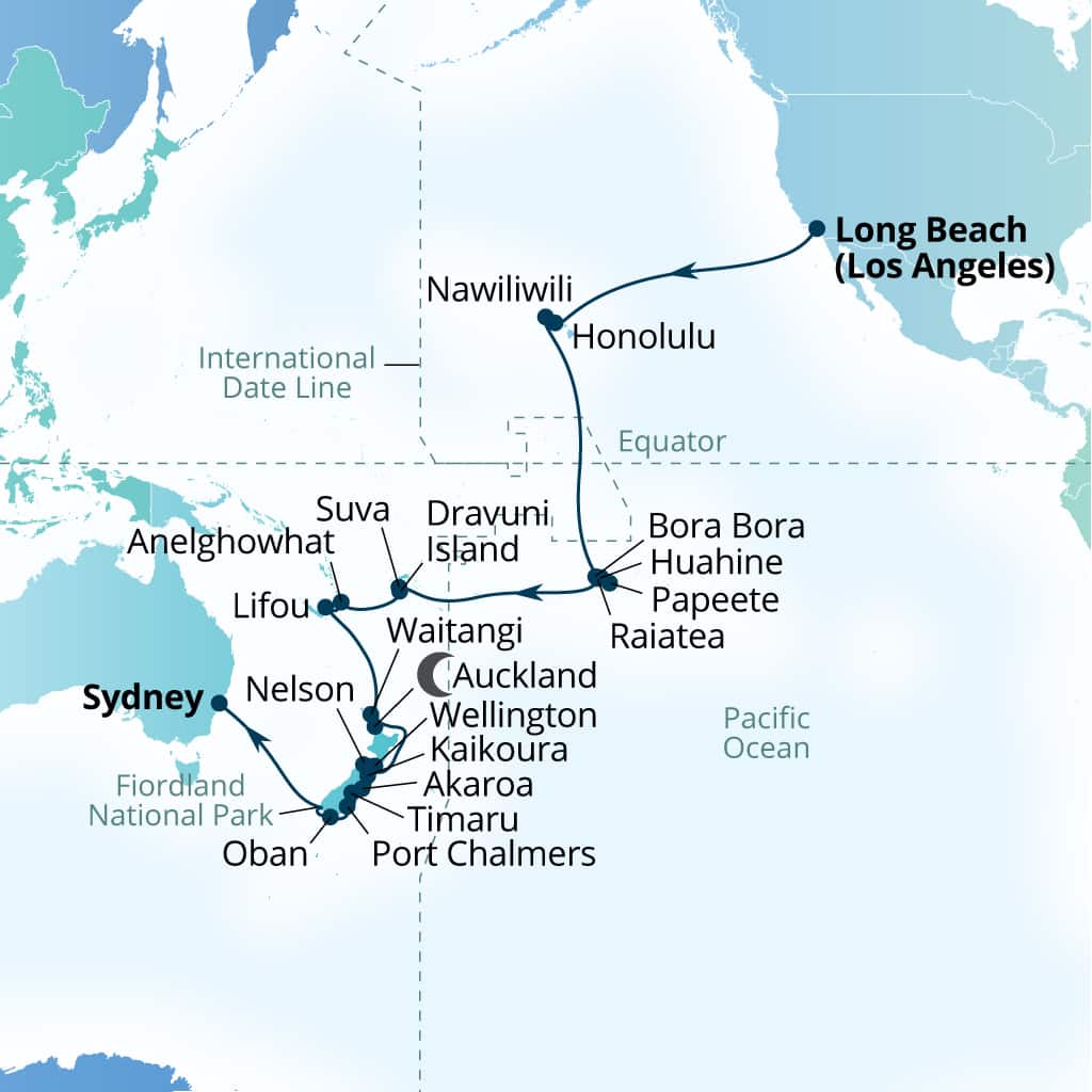 Carte de l’itinéraire Seabourn Sojourn, Los Angeles, California, États-Unis → Sydney, Australie