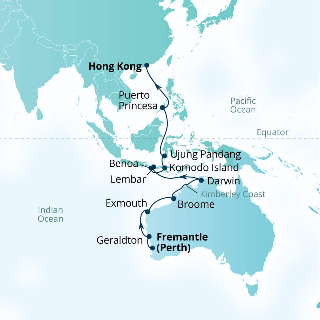 Carte de l’itinéraire Seabourn Sojourn, Fremantle (Perth), Australie → Hong Kong, Chine