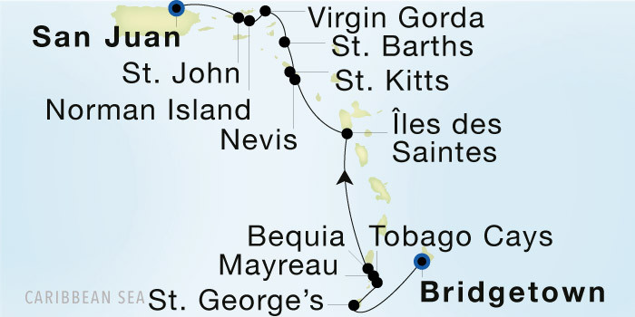 Carte de l’itinéraire Seadream 1, Bridgetown, Barbados, Barbados → San Juan, Porto Rico