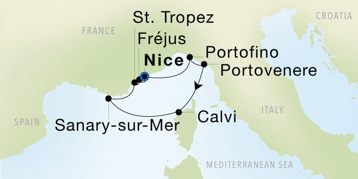 Carte de l’itinéraire Seadream 1, Nice → Nice