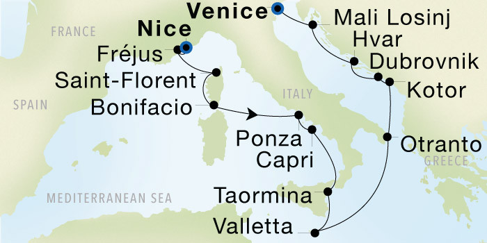 Carte de l’itinéraire Seadream 1, Nice → Venise