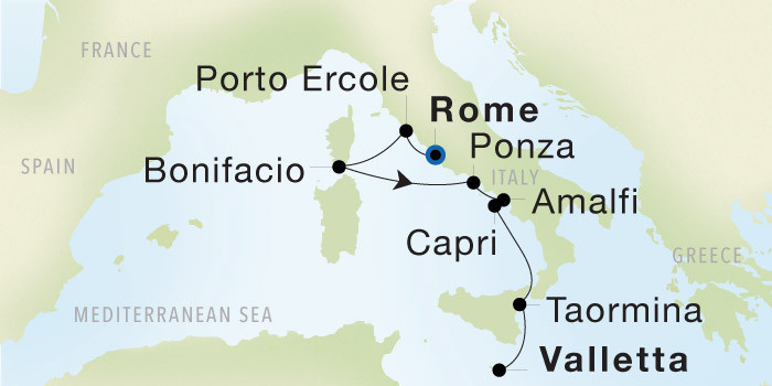 Carte de l’itinéraire Seadream 1, Rome (Civitavecchia) → Valletta