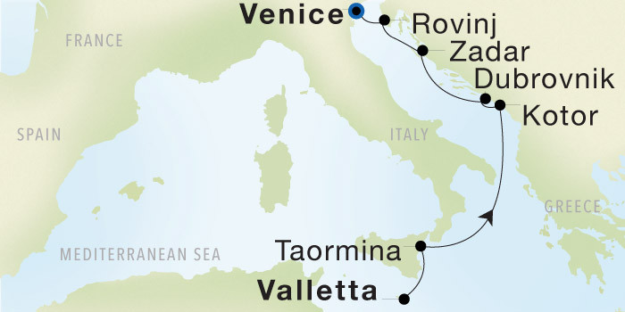 Carte de l’itinéraire Seadream 1, Valletta → Venise