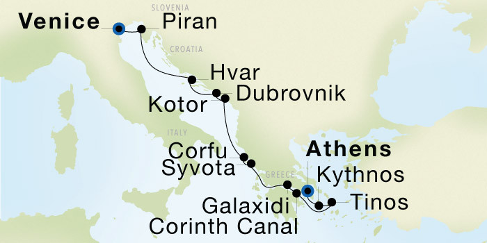 Carte de l’itinéraire Seadream 1, Venise → Athènes (Le Pirée)