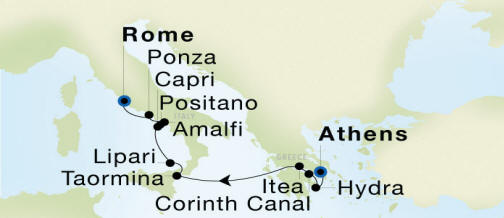 Carte de l’itinéraire Seadream 1, Athènes (Le Pirée) → Rome (Civitavecchia)