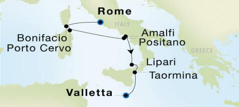 Carte de l’itinéraire Seadream 1, Rome (Civitavecchia) → Valletta