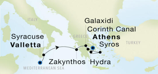 Carte de l’itinéraire Seadream 1, Valletta → Athènes (Le Pirée)