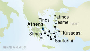 Carte de l’itinéraire Seadream 1, Athènes (Le Pirée) → Athènes (Le Pirée)