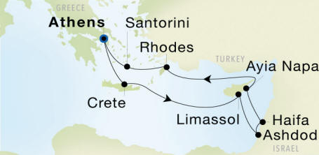 Carte de l’itinéraire Seadream 1, Athènes (Le Pirée) → Athènes (Le Pirée)