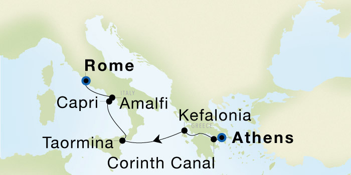 Carte de l’itinéraire Seadream 1, Athènes (Le Pirée) → Rome (Civitavecchia)