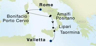 Carte de l’itinéraire Seadream 1, Rome (Civitavecchia) → Valletta