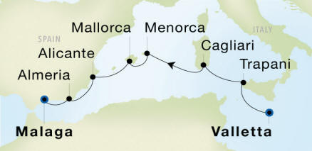 Carte de l’itinéraire Seadream 1, Valletta → Malaga
