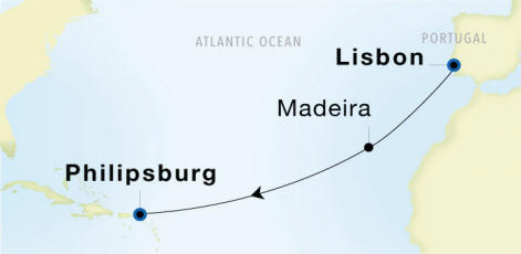 Carte de l’itinéraire Seadream 1, Malaga → Philipsburg
