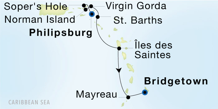 Carte de l’itinéraire Seadream 1, Philipsburg → Bridgetown, Barbados