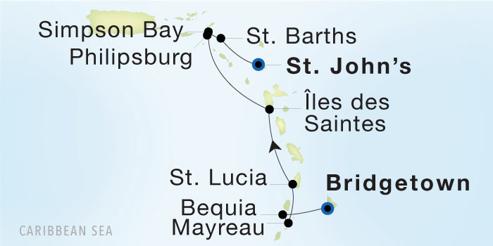 Carte de l’itinéraire Seadream 1, Bridgetown, Barbados → St. John's, Antigua