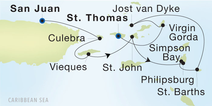 Carte de l’itinéraire Seadream 1, San Juan → Charlotte Amalie, St. Thomas