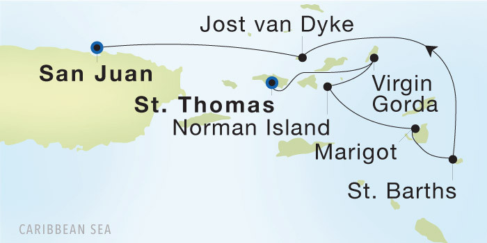 Carte de l’itinéraire Seadream 1, Charlotte Amalie, St. Thomas → San Juan