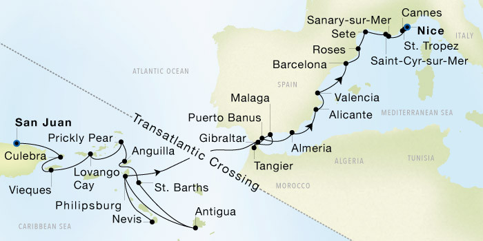 Carte de l’itinéraire Seadream 1, San Juan, Porto Rico → Nice, France