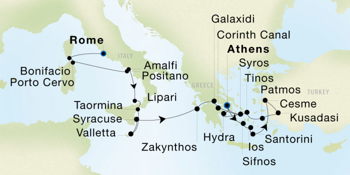 Carte de l’itinéraire Seadream 1, Rome (Civitavecchia) → Athènes (Le Pirée)
