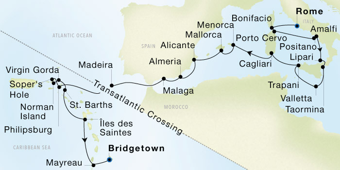 Carte de l’itinéraire Seadream 1, Rome (Civitavecchia) → Bridgetown, Barbados