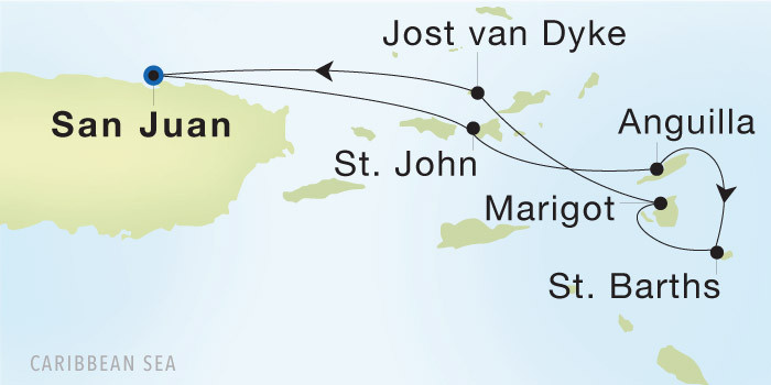 Carte de l’itinéraire Seadream 1, San Juan → San Juan