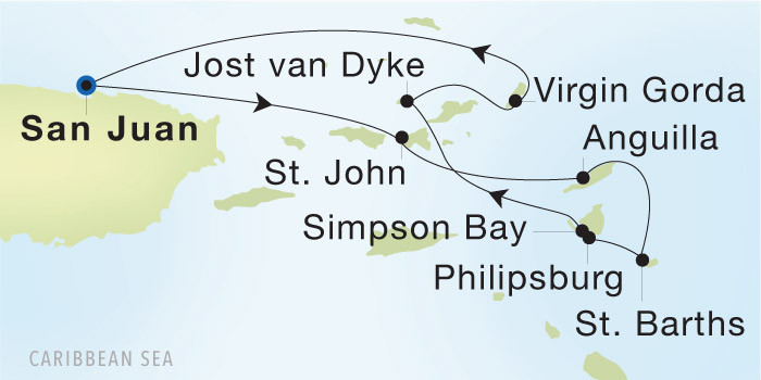 Carte de l’itinéraire Seadream 1, San Juan → Simpson Bay