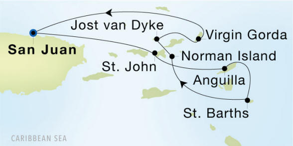 Carte de l’itinéraire Seadream 1, San Juan → San Juan
