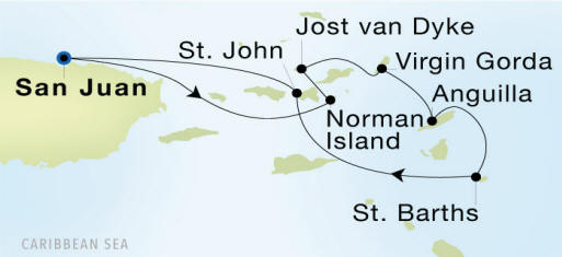 Carte de l’itinéraire Seadream 1, San Juan → San Juan