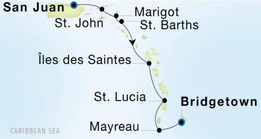 Carte de l’itinéraire Seadream 1, San Juan → Bridgetown, Barbados