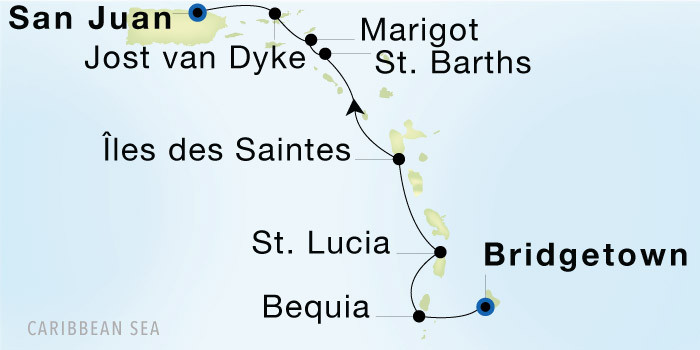Carte de l’itinéraire Seadream 1, Bridgetown, Barbados → San Juan