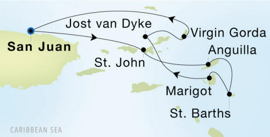 Carte de l’itinéraire Seadream 1, San Juan → San Juan