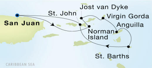 Carte de l’itinéraire Seadream 1, San Juan → San Juan