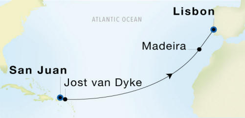 Carte de l’itinéraire Seadream 1, San Juan → Lisbonne