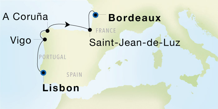 Carte de l’itinéraire Seadream 1, Lisbonne → Bordeaux