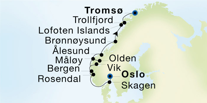 Carte de l’itinéraire Seadream 1, Oslo → Tromsø