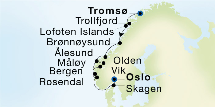 Carte de l’itinéraire Seadream 1, Tromsø → Oslo
