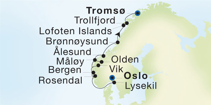 Carte de l’itinéraire Seadream 1, Oslo → Tromsø