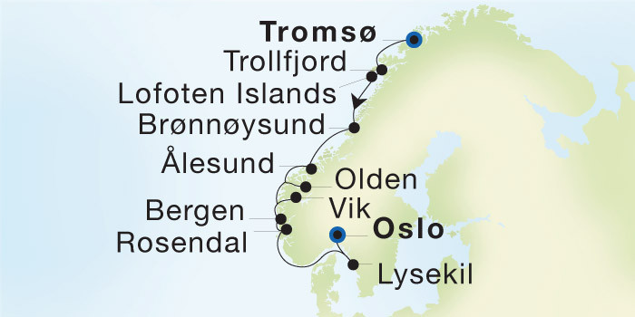 Carte de l’itinéraire Seadream 1, Tromsø → Oslo